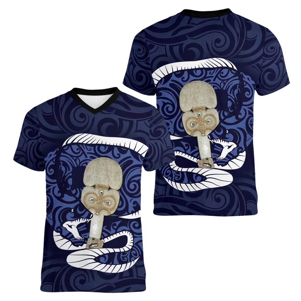 Blue New Zealand Eel Women V-Neck T-Shirt Aotearoa Maori Tuna With Kotiate Weapon LT14 - Polynesian Pride
