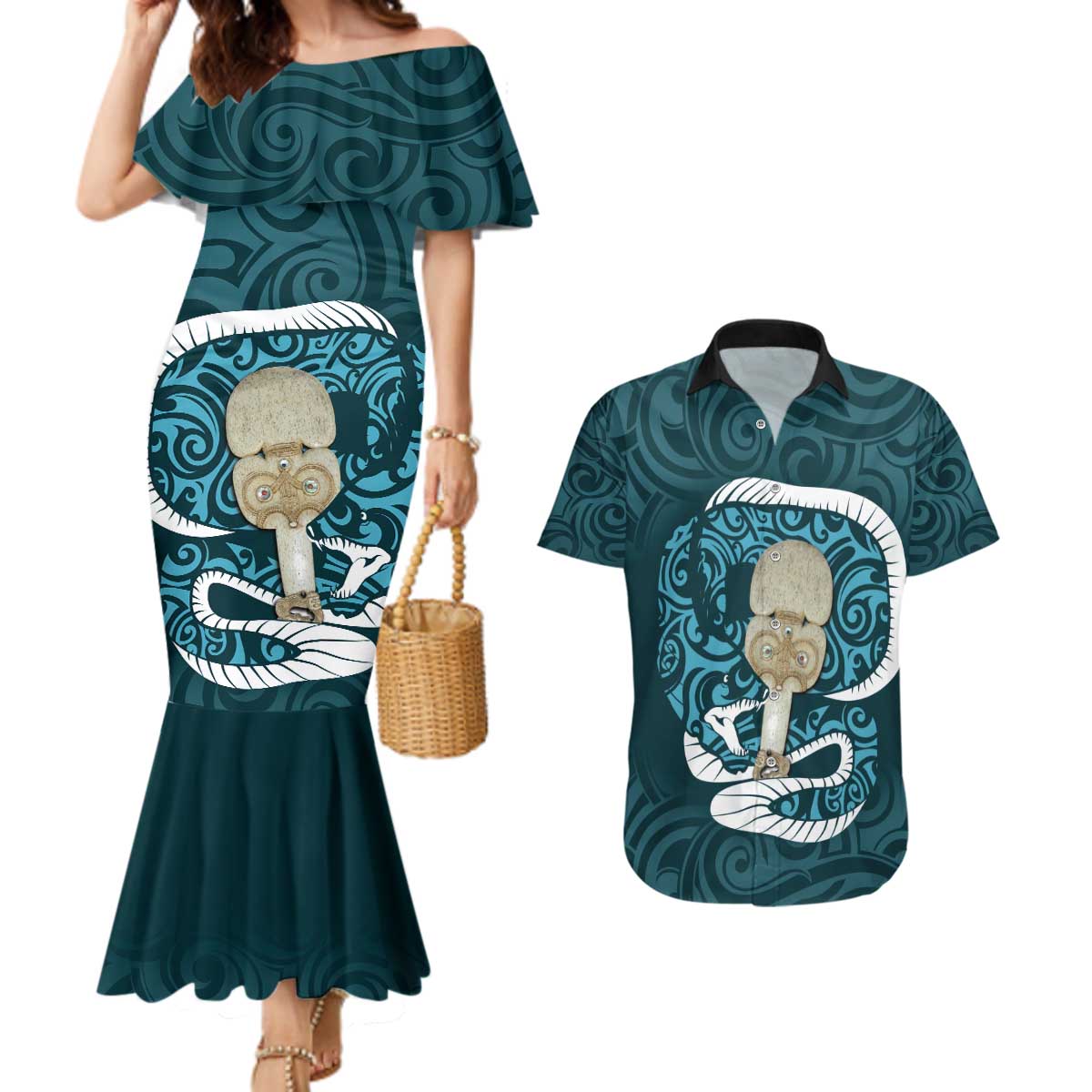 Turquoise New Zealand Eel Couples Matching Mermaid Dress and Hawaiian Shirt Aotearoa Maori Tuna With Kotiate Weapon