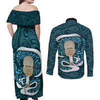 Turquoise New Zealand Eel Couples Matching Off Shoulder Maxi Dress and Long Sleeve Button Shirt Aotearoa Maori Tuna With Kotiate Weapon