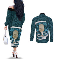 Turquoise New Zealand Eel Couples Matching Off The Shoulder Long Sleeve Dress and Long Sleeve Button Shirt Aotearoa Maori Tuna With Kotiate Weapon