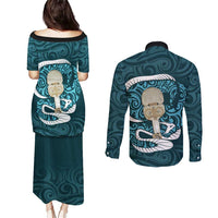 Turquoise New Zealand Eel Couples Matching Puletasi and Long Sleeve Button Shirt Aotearoa Maori Tuna With Kotiate Weapon