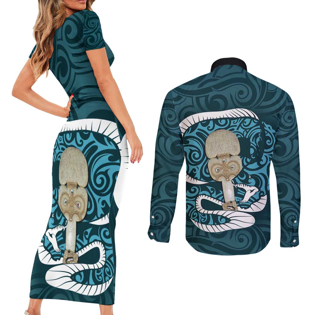 Turquoise New Zealand Eel Couples Matching Short Sleeve Bodycon Dress and Long Sleeve Button Shirt Aotearoa Maori Tuna With Kotiate Weapon