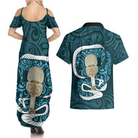 Turquoise New Zealand Eel Couples Matching Summer Maxi Dress and Hawaiian Shirt Aotearoa Maori Tuna With Kotiate Weapon
