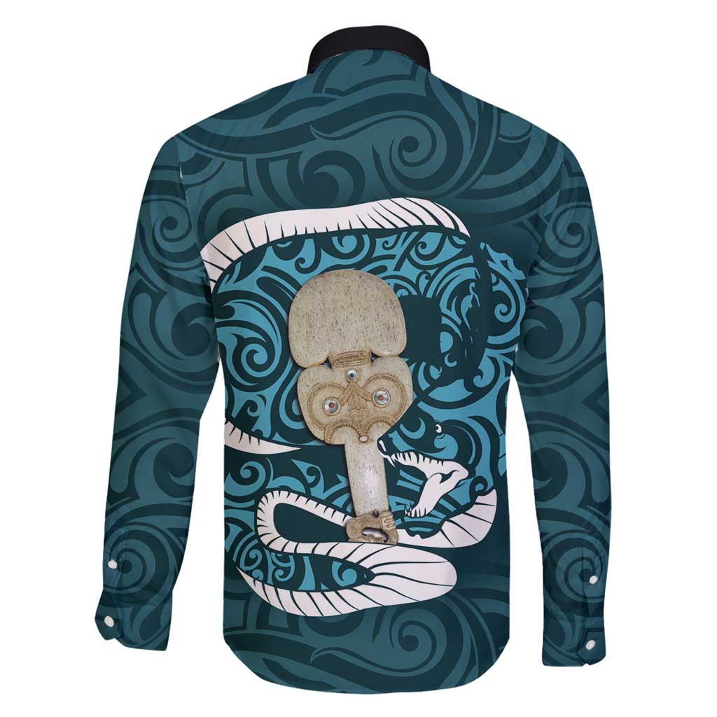 Turquoise New Zealand Eel Family Matching Long Sleeve Bodycon Dress and Hawaiian Shirt Aotearoa Maori Tuna With Kotiate Weapon