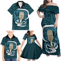 Turquoise New Zealand Eel Family Matching Off Shoulder Maxi Dress and Hawaiian Shirt Aotearoa Maori Tuna With Kotiate Weapon LT14 - Polynesian Pride