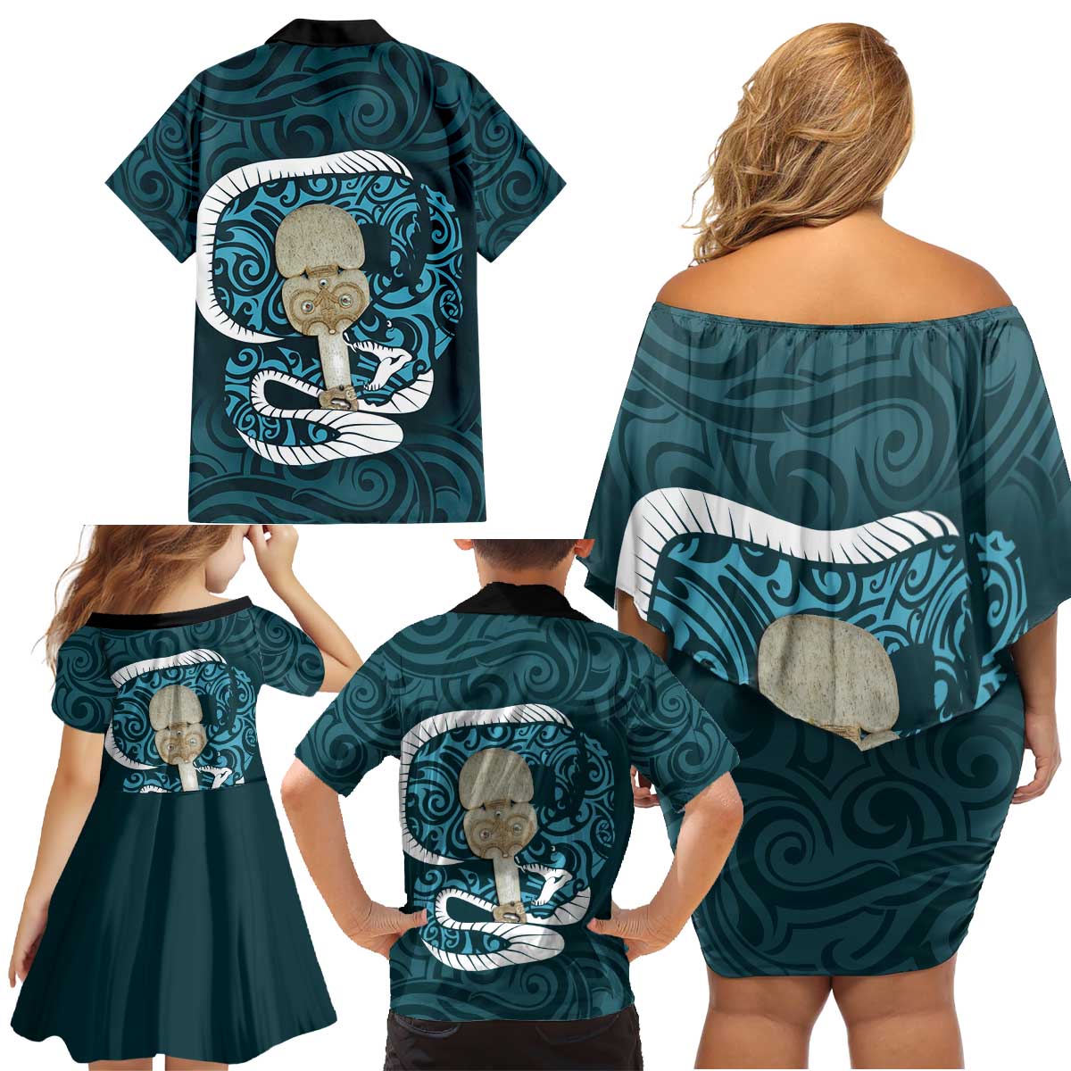 Turquoise New Zealand Eel Family Matching Off Shoulder Short Dress and Hawaiian Shirt Aotearoa Maori Tuna With Kotiate Weapon LT14 - Polynesian Pride