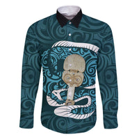 Turquoise New Zealand Eel Family Matching Off Shoulder Short Dress and Hawaiian Shirt Aotearoa Maori Tuna With Kotiate Weapon LT14 Dad's Shirt - Long Sleeve Turquoise - Polynesian Pride