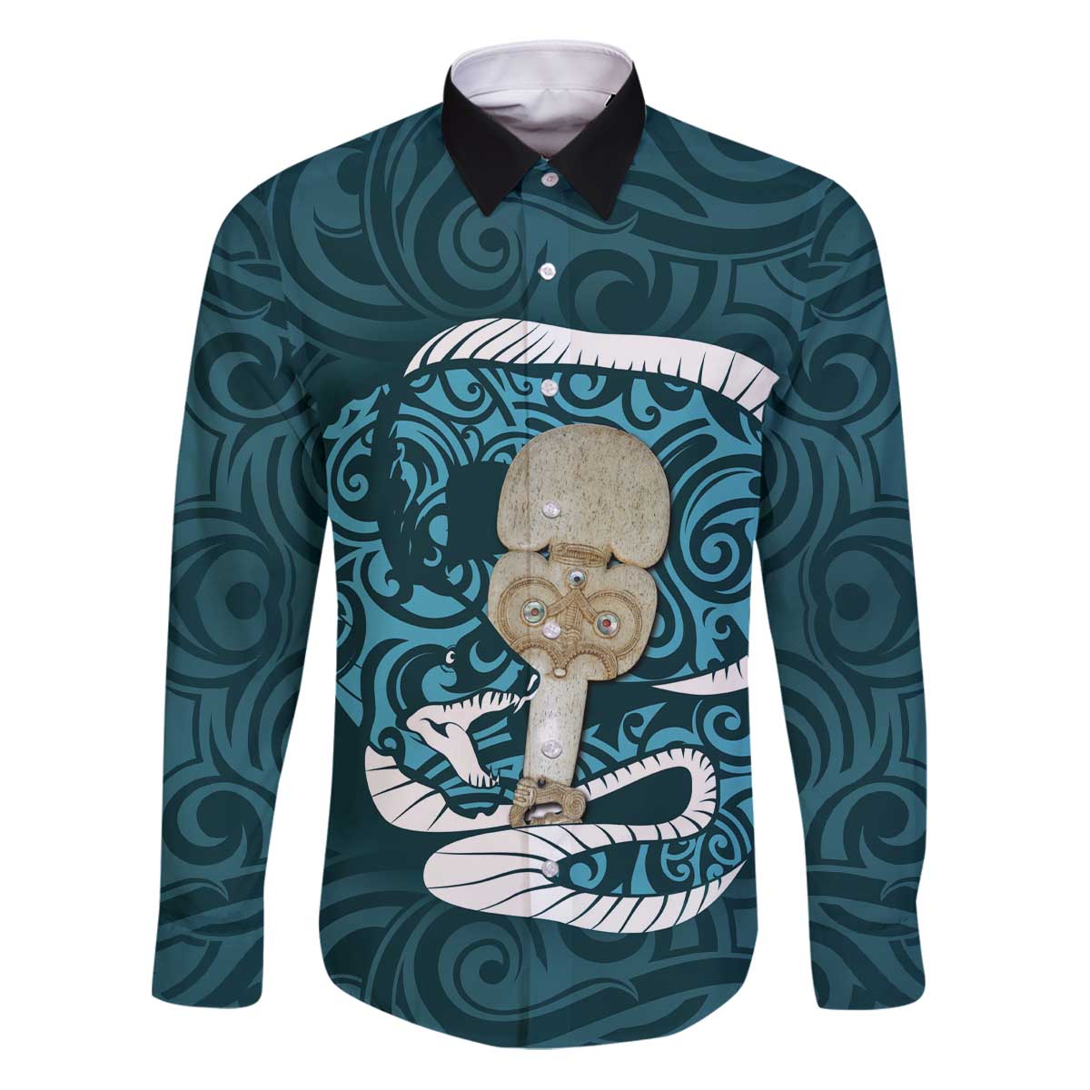 Turquoise New Zealand Eel Family Matching Puletasi and Hawaiian Shirt Aotearoa Maori Tuna With Kotiate Weapon LT14 Dad's Shirt - Long Sleeve Turquoise - Polynesian Pride