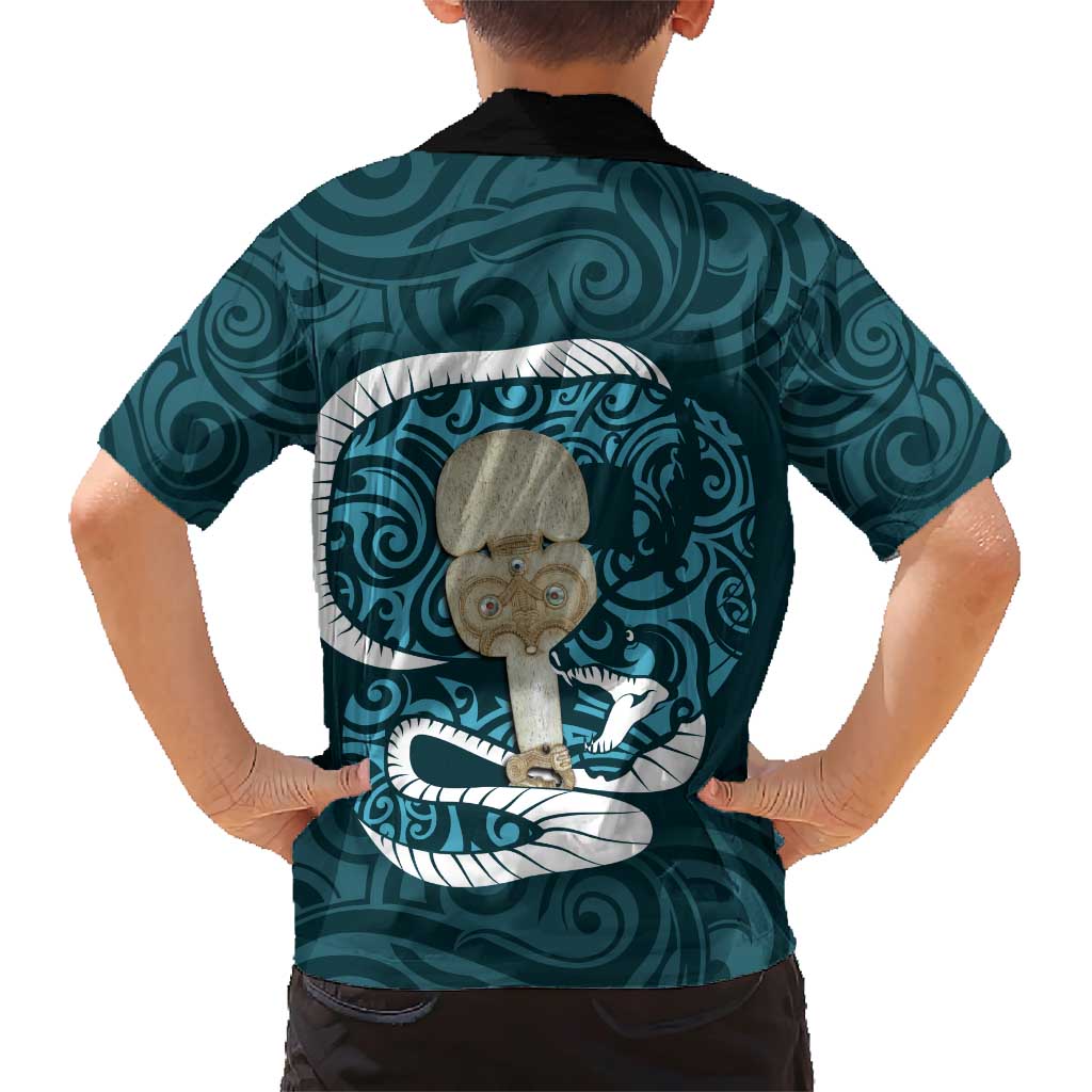 Turquoise New Zealand Eel Family Matching Short Sleeve Bodycon Dress and Hawaiian Shirt Aotearoa Maori Tuna With Kotiate Weapon LT14 - Polynesian Pride