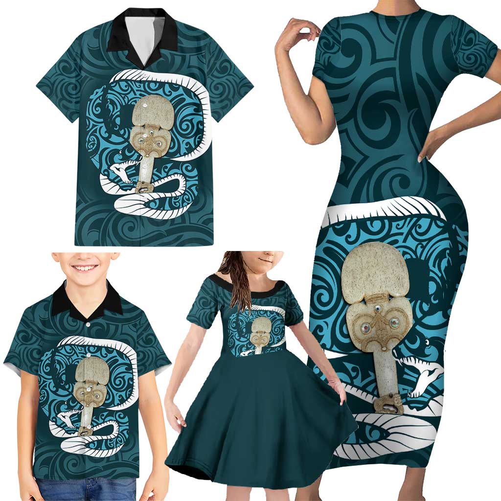 Turquoise New Zealand Eel Family Matching Short Sleeve Bodycon Dress and Hawaiian Shirt Aotearoa Maori Tuna With Kotiate Weapon LT14 - Polynesian Pride