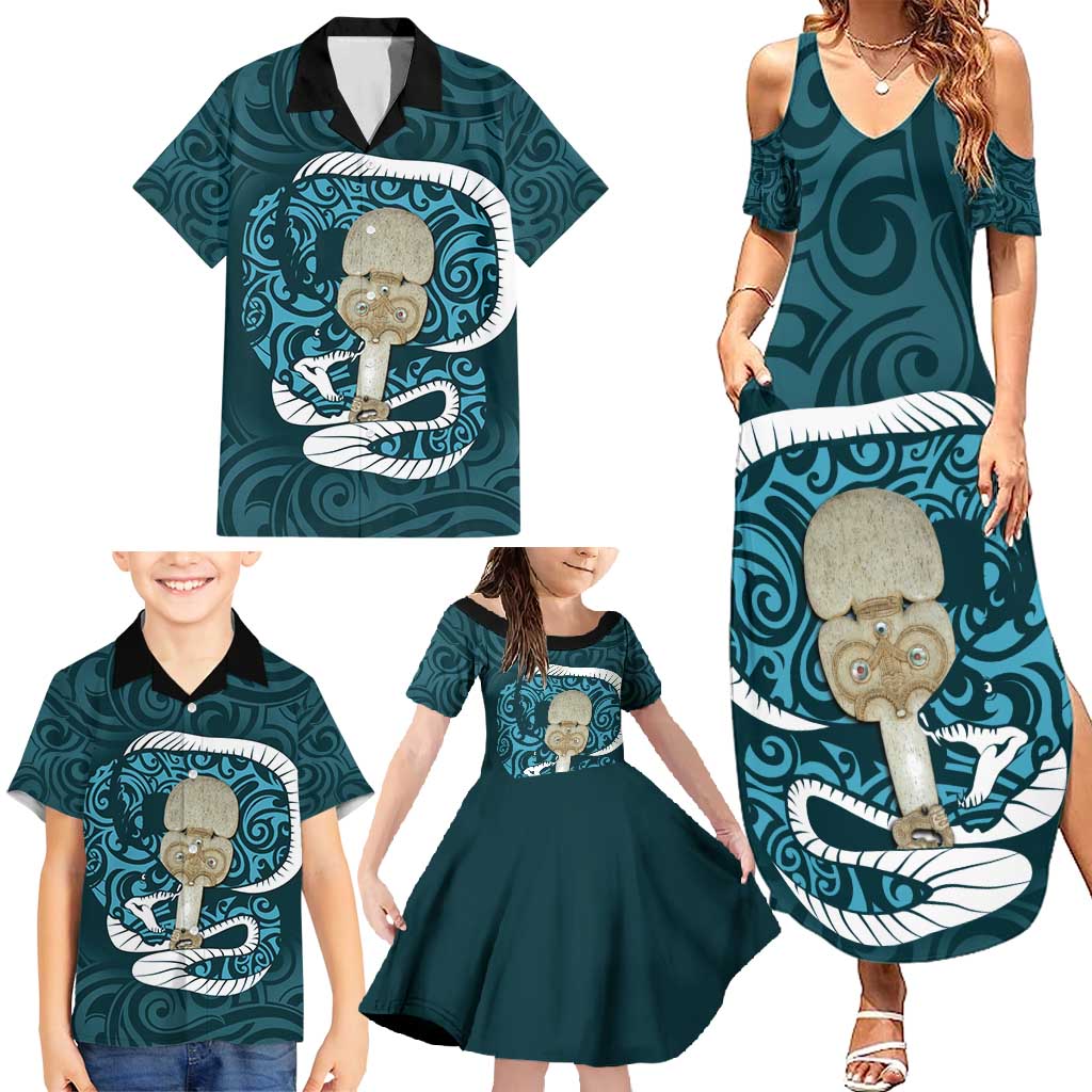 Turquoise New Zealand Eel Family Matching Summer Maxi Dress and Hawaiian Shirt Aotearoa Maori Tuna With Kotiate Weapon LT14 - Polynesian Pride