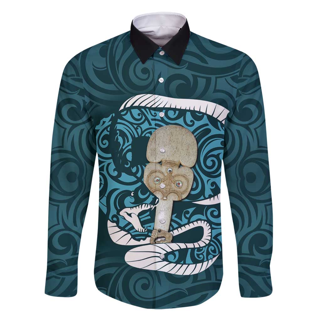 Turquoise New Zealand Eel Family Matching Summer Maxi Dress and Hawaiian Shirt Aotearoa Maori Tuna With Kotiate Weapon LT14 Dad's Shirt - Long Sleeve Turquoise - Polynesian Pride