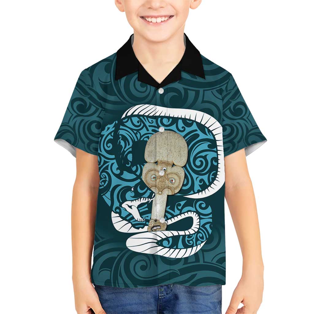 Turquoise New Zealand Eel Family Matching Summer Maxi Dress and Hawaiian Shirt Aotearoa Maori Tuna With Kotiate Weapon LT14 Son's Shirt Turquoise - Polynesian Pride