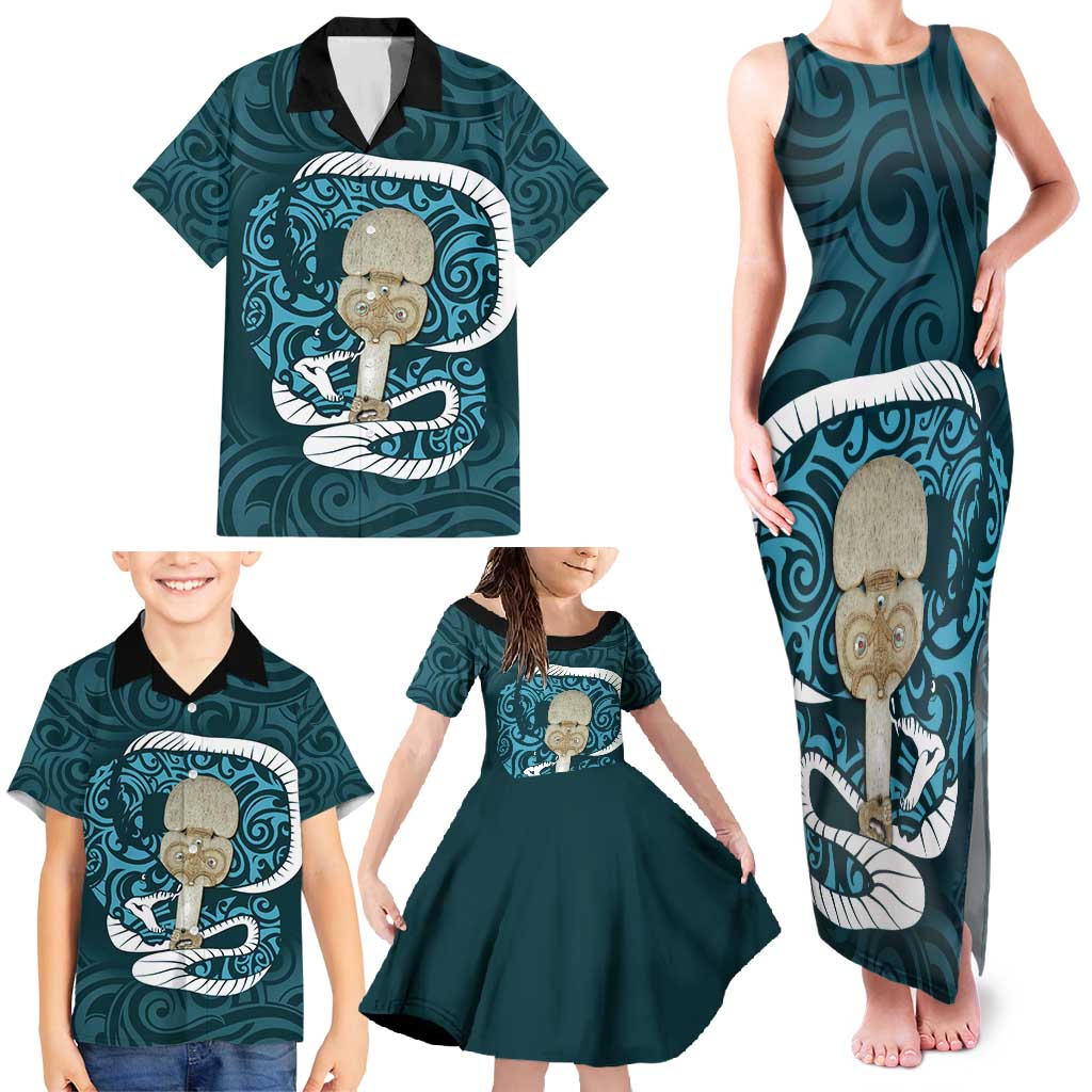 Turquoise New Zealand Eel Family Matching Tank Maxi Dress and Hawaiian Shirt Aotearoa Maori Tuna With Kotiate Weapon LT14 - Polynesian Pride
