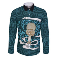 Turquoise New Zealand Eel Family Matching Tank Maxi Dress and Hawaiian Shirt Aotearoa Maori Tuna With Kotiate Weapon LT14 Dad's Shirt - Long Sleeve Turquoise - Polynesian Pride