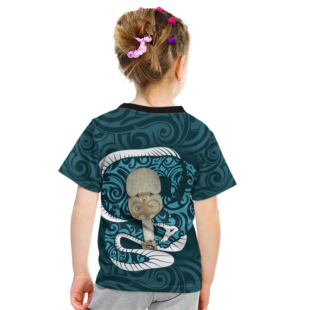 Turquoise New Zealand Eel Kid T Shirt Aotearoa Maori Tuna With Kotiate Weapon LT14 - Polynesian Pride