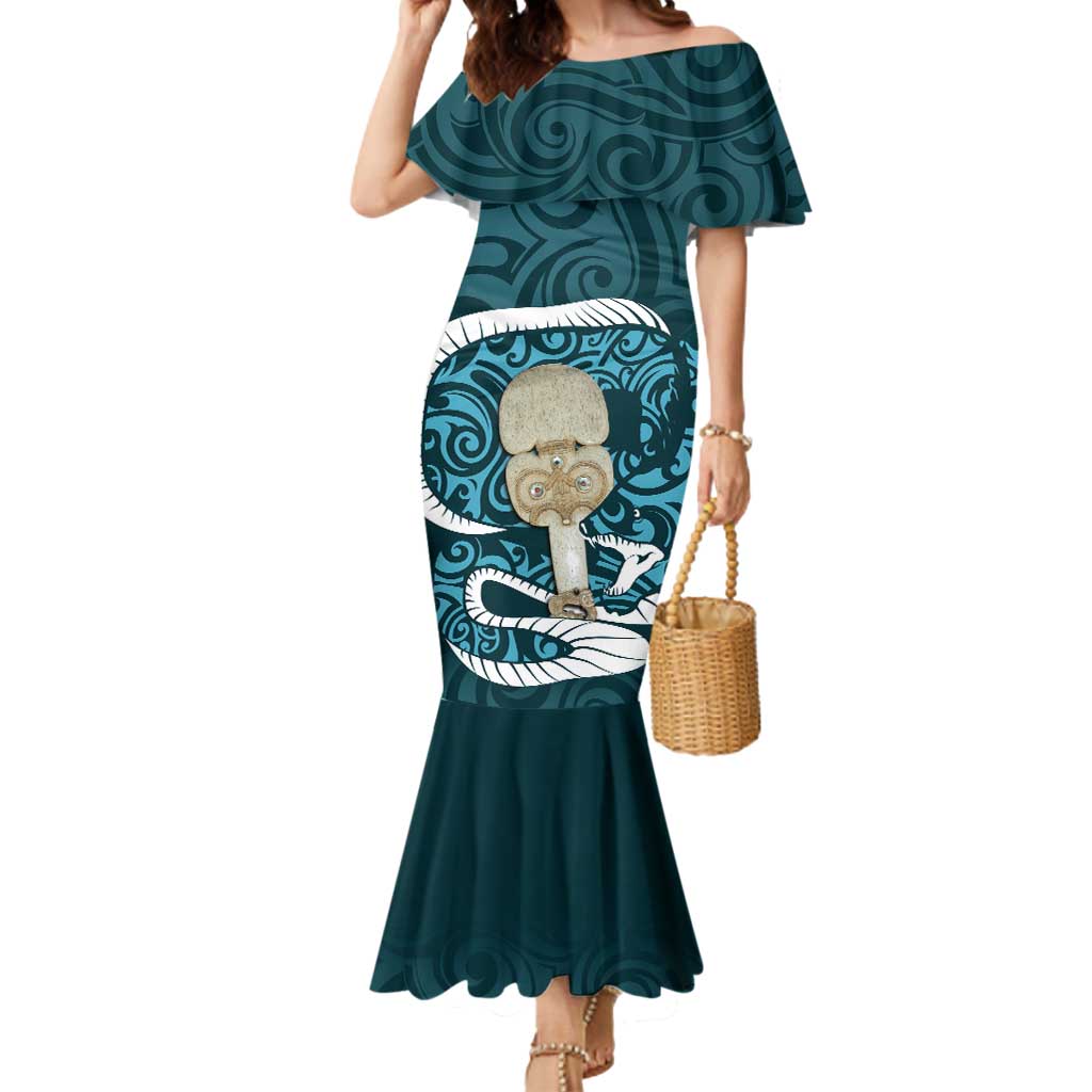 Turquoise New Zealand Eel Mermaid Dress Aotearoa Maori Tuna With Kotiate Weapon