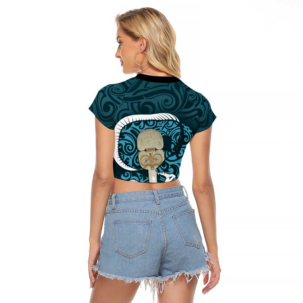 Turquoise New Zealand Eel Raglan Cropped T Shirt Aotearoa Maori Tuna With Kotiate Weapon LT14 - Polynesian Pride