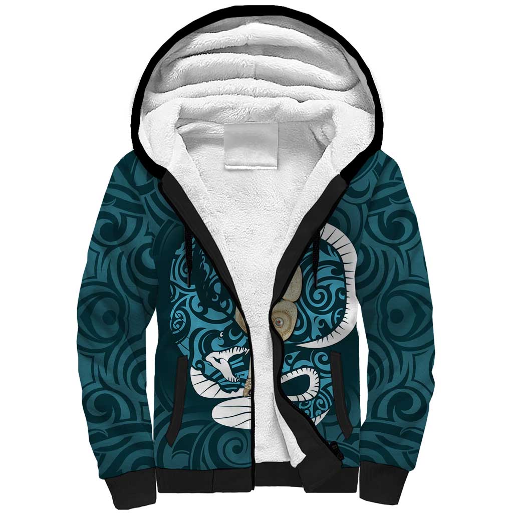 Turquoise New Zealand Eel Sherpa Hoodie Aotearoa Maori Tuna With Kotiate Weapon