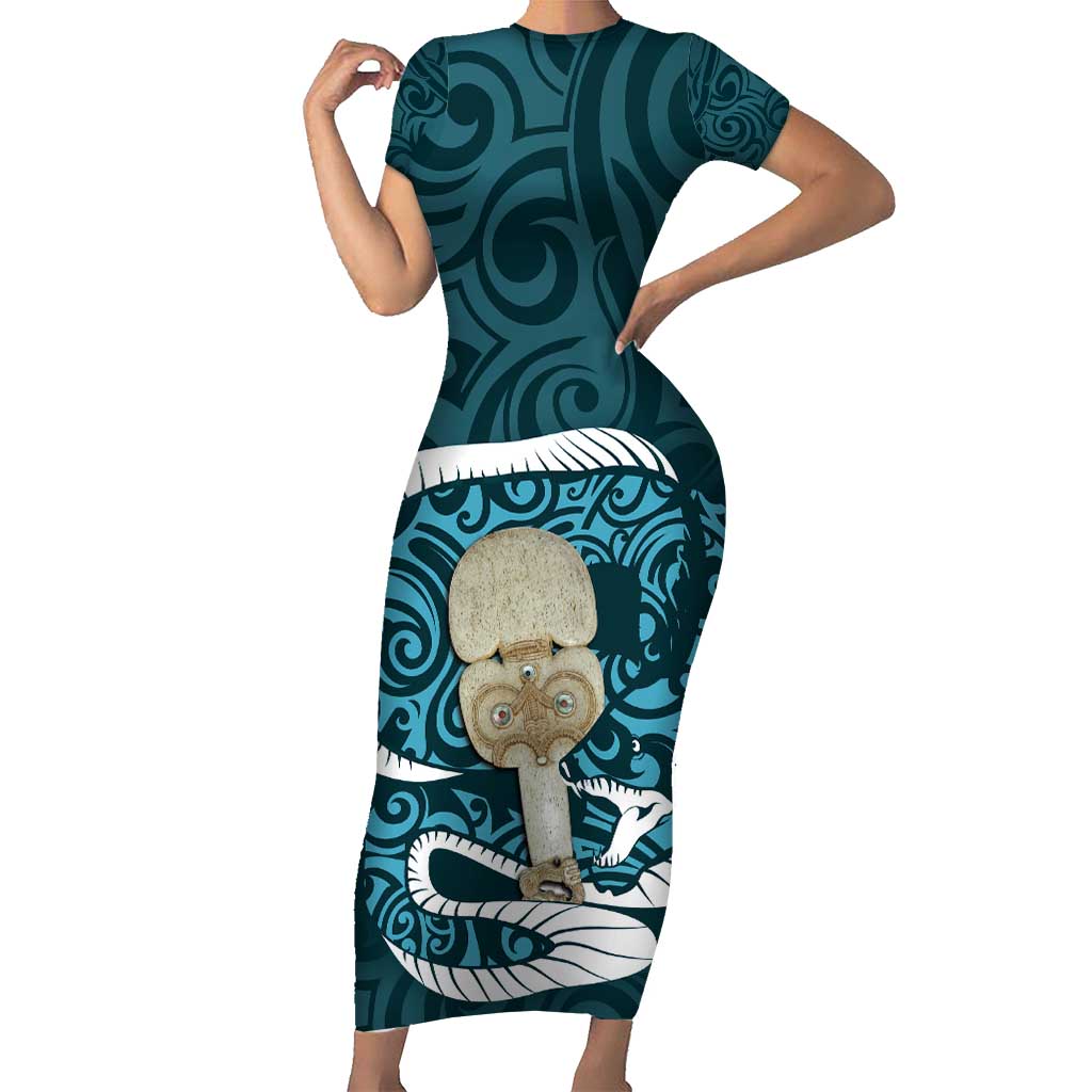 Turquoise New Zealand Eel Short Sleeve Bodycon Dress Aotearoa Maori Tuna With Kotiate Weapon