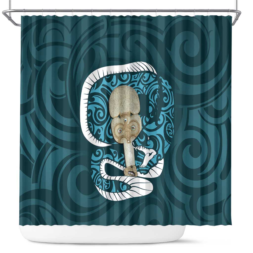 Turquoise New Zealand Eel Shower Curtain Aotearoa Maori Tuna With Kotiate Weapon LT14 Turquoise - Polynesian Pride