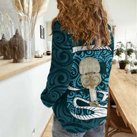 Turquoise New Zealand Eel Women Casual Shirt Aotearoa Maori Tuna With Kotiate Weapon LT14 - Polynesian Pride