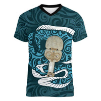 Turquoise New Zealand Eel Women V-Neck T-Shirt Aotearoa Maori Tuna With Kotiate Weapon LT14 Female Turquoise - Polynesian Pride