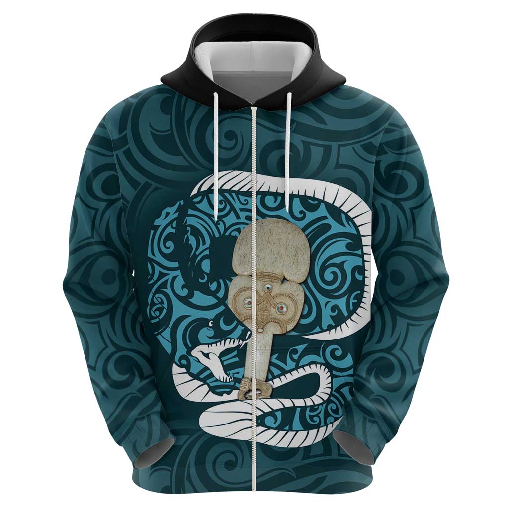 Turquoise New Zealand Eel Zip Hoodie Aotearoa Maori Tuna With Kotiate Weapon