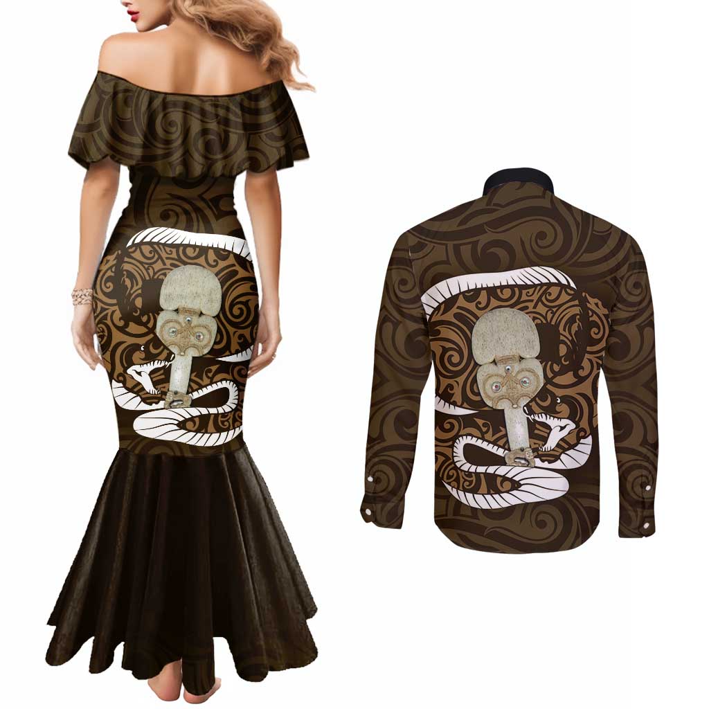 Gold New Zealand Eel Couples Matching Mermaid Dress and Long Sleeve Button Shirt Aotearoa Maori Tuna With Kotiate Weapon