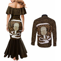 Gold New Zealand Eel Couples Matching Mermaid Dress and Long Sleeve Button Shirt Aotearoa Maori Tuna With Kotiate Weapon