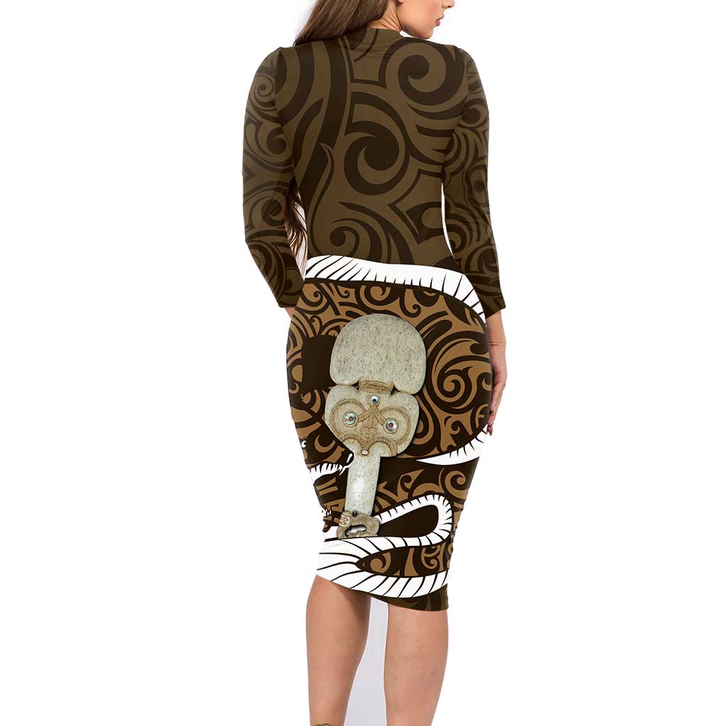Gold New Zealand Eel Family Matching Long Sleeve Bodycon Dress and Hawaiian Shirt Aotearoa Maori Tuna With Kotiate Weapon