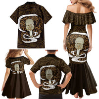 Gold New Zealand Eel Family Matching Mermaid Dress and Hawaiian Shirt Aotearoa Maori Tuna With Kotiate Weapon LT14 - Polynesian Pride