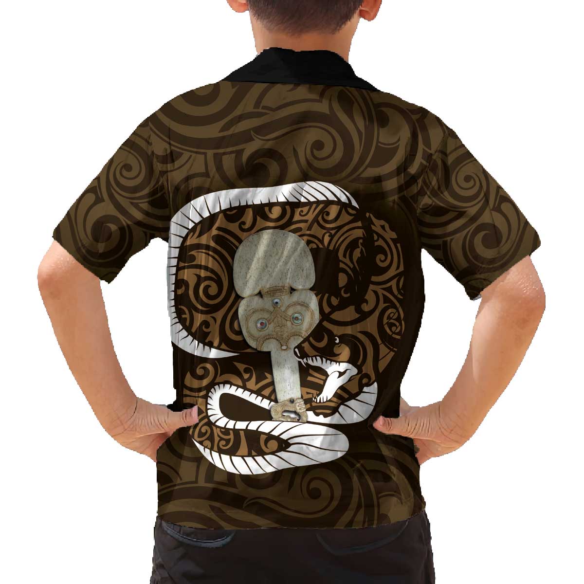 Gold New Zealand Eel Family Matching Off Shoulder Short Dress and Hawaiian Shirt Aotearoa Maori Tuna With Kotiate Weapon LT14 - Polynesian Pride