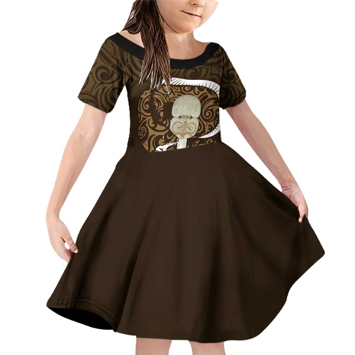 Gold New Zealand Eel Family Matching Off Shoulder Short Dress and Hawaiian Shirt Aotearoa Maori Tuna With Kotiate Weapon LT14 Daughter's Dress Gold - Polynesian Pride