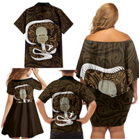 Gold New Zealand Eel Family Matching Off Shoulder Short Dress and Hawaiian Shirt Aotearoa Maori Tuna With Kotiate Weapon LT14 - Polynesian Pride
