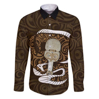 Gold New Zealand Eel Family Matching Off Shoulder Short Dress and Hawaiian Shirt Aotearoa Maori Tuna With Kotiate Weapon LT14 Dad's Shirt - Long Sleeve Gold - Polynesian Pride