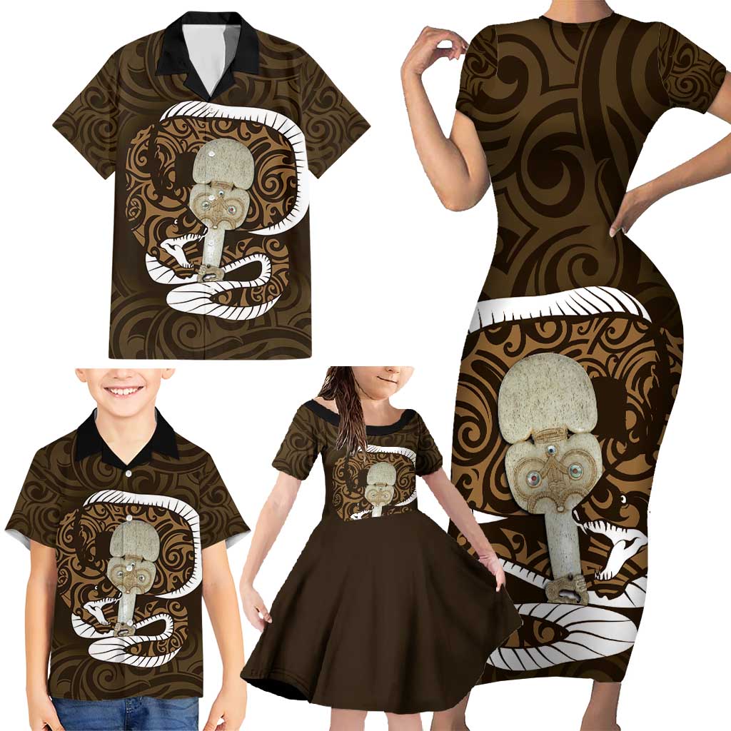Gold New Zealand Eel Family Matching Short Sleeve Bodycon Dress and Hawaiian Shirt Aotearoa Maori Tuna With Kotiate Weapon LT14 - Polynesian Pride