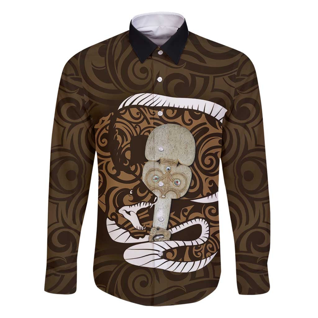 Gold New Zealand Eel Family Matching Summer Maxi Dress and Hawaiian Shirt Aotearoa Maori Tuna With Kotiate Weapon LT14 Dad's Shirt - Long Sleeve Gold - Polynesian Pride