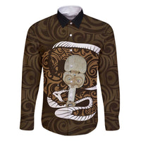 Gold New Zealand Eel Family Matching Summer Maxi Dress and Hawaiian Shirt Aotearoa Maori Tuna With Kotiate Weapon LT14 Dad's Shirt - Long Sleeve Gold - Polynesian Pride