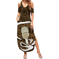 Gold New Zealand Eel Family Matching Summer Maxi Dress and Hawaiian Shirt Aotearoa Maori Tuna With Kotiate Weapon LT14 Mom's Dress Gold - Polynesian Pride