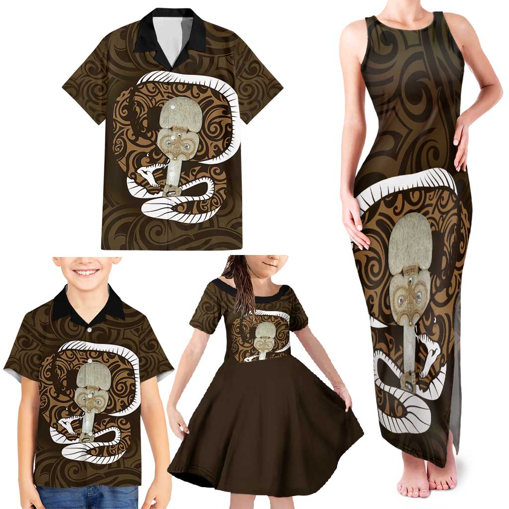 Gold New Zealand Eel Family Matching Tank Maxi Dress and Hawaiian Shirt Aotearoa Maori Tuna With Kotiate Weapon LT14 - Polynesian Pride