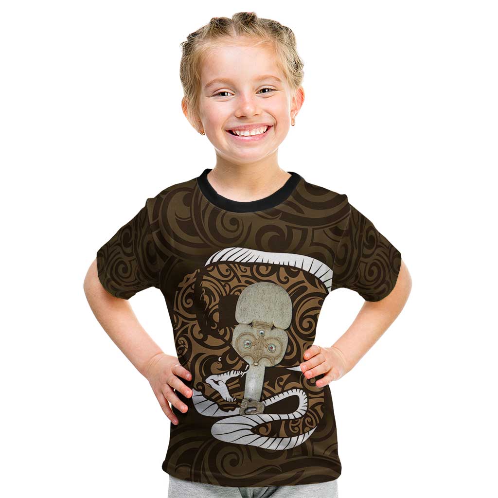 Gold New Zealand Eel Kid T Shirt Aotearoa Maori Tuna With Kotiate Weapon LT14 Gold - Polynesian Pride