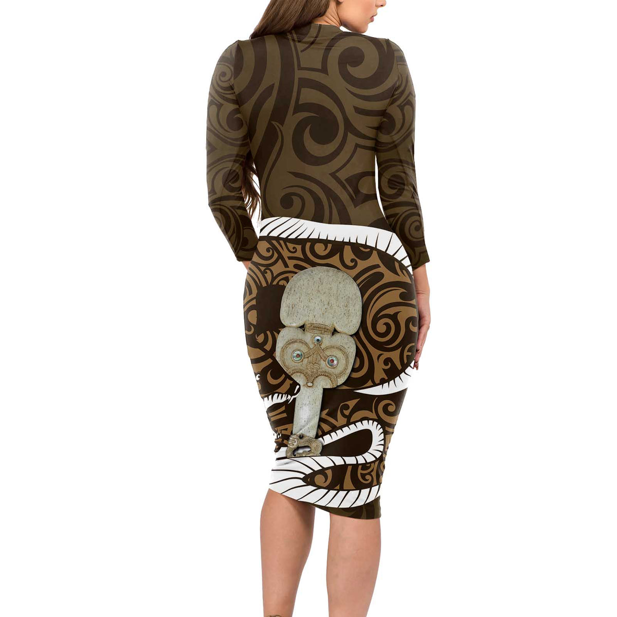 Gold New Zealand Eel Long Sleeve Bodycon Dress Aotearoa Maori Tuna With Kotiate Weapon