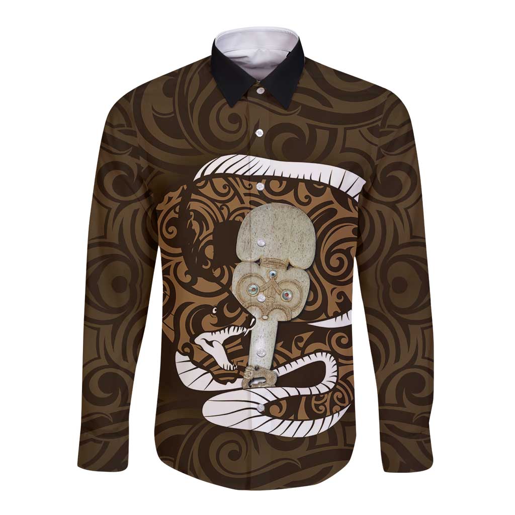 Gold New Zealand Eel Long Sleeve Button Shirt Aotearoa Maori Tuna With Kotiate Weapon LT14 Unisex Gold - Polynesian Pride