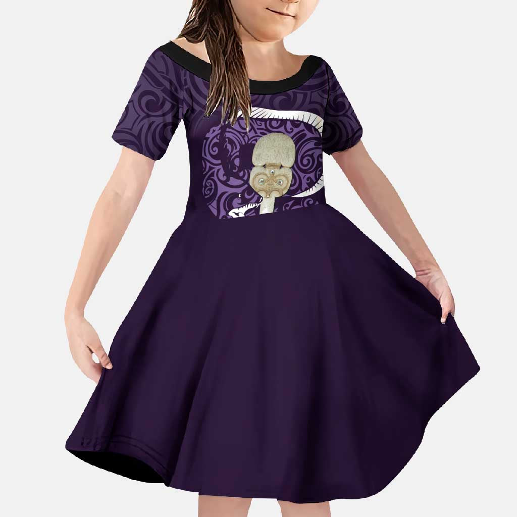 Purple New Zealand Eel Family Matching Mermaid Dress and Hawaiian Shirt Aotearoa Maori Tuna With Kotiate Weapon LT14 Daughter's Dress Purple - Polynesian Pride