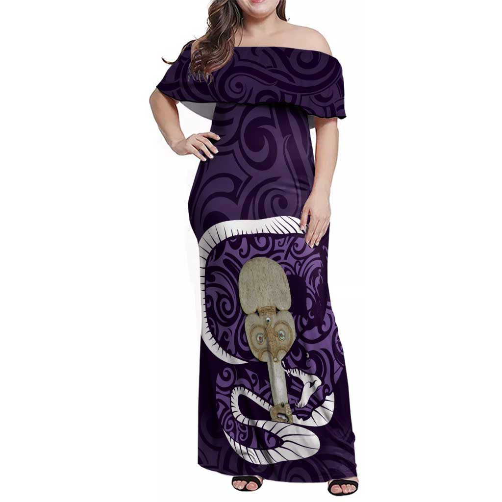 Purple New Zealand Eel Family Matching Off Shoulder Maxi Dress and Hawaiian Shirt Aotearoa Maori Tuna With Kotiate Weapon LT14 Mom's Dress Purple - Polynesian Pride