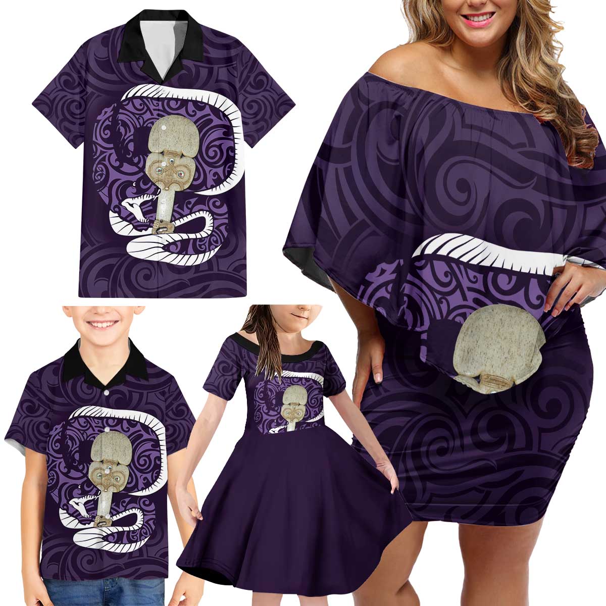 Purple New Zealand Eel Family Matching Off Shoulder Short Dress and Hawaiian Shirt Aotearoa Maori Tuna With Kotiate Weapon LT14 - Polynesian Pride