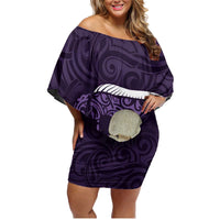 Purple New Zealand Eel Family Matching Off Shoulder Short Dress and Hawaiian Shirt Aotearoa Maori Tuna With Kotiate Weapon LT14 Mom's Dress Purple - Polynesian Pride