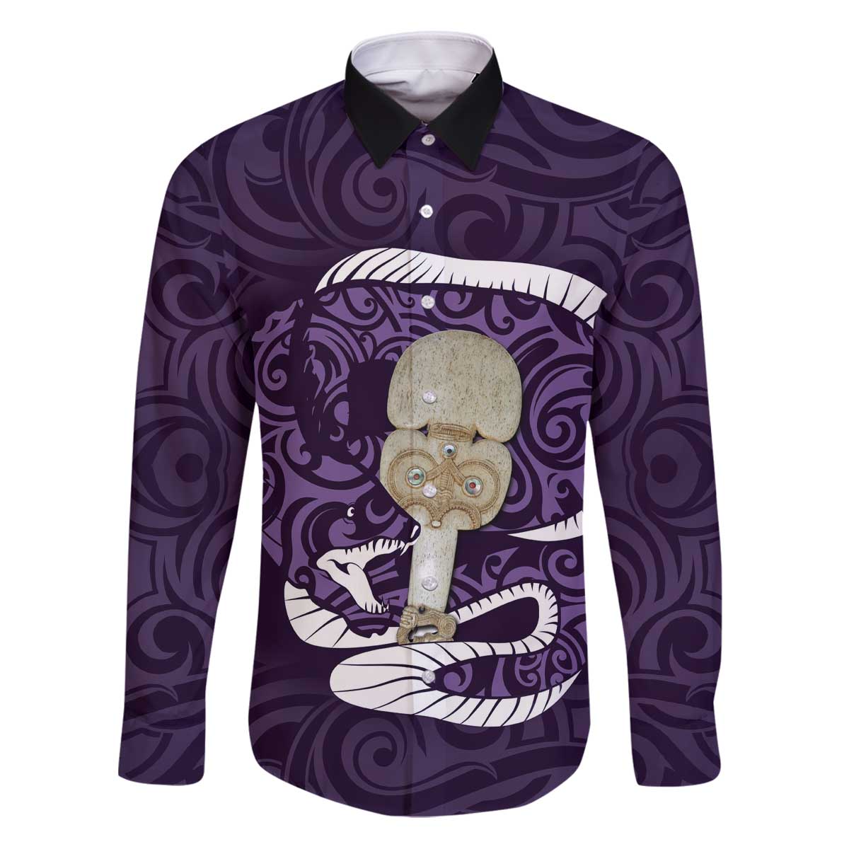 Purple New Zealand Eel Family Matching Puletasi and Hawaiian Shirt Aotearoa Maori Tuna With Kotiate Weapon LT14 Dad's Shirt - Long Sleeve Purple - Polynesian Pride