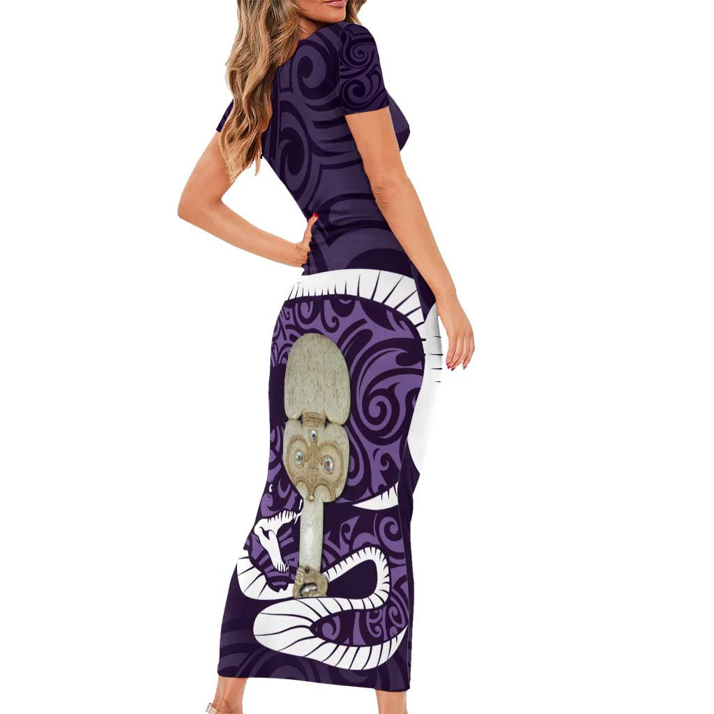 Purple New Zealand Eel Family Matching Short Sleeve Bodycon Dress and Hawaiian Shirt Aotearoa Maori Tuna With Kotiate Weapon LT14 - Polynesian Pride